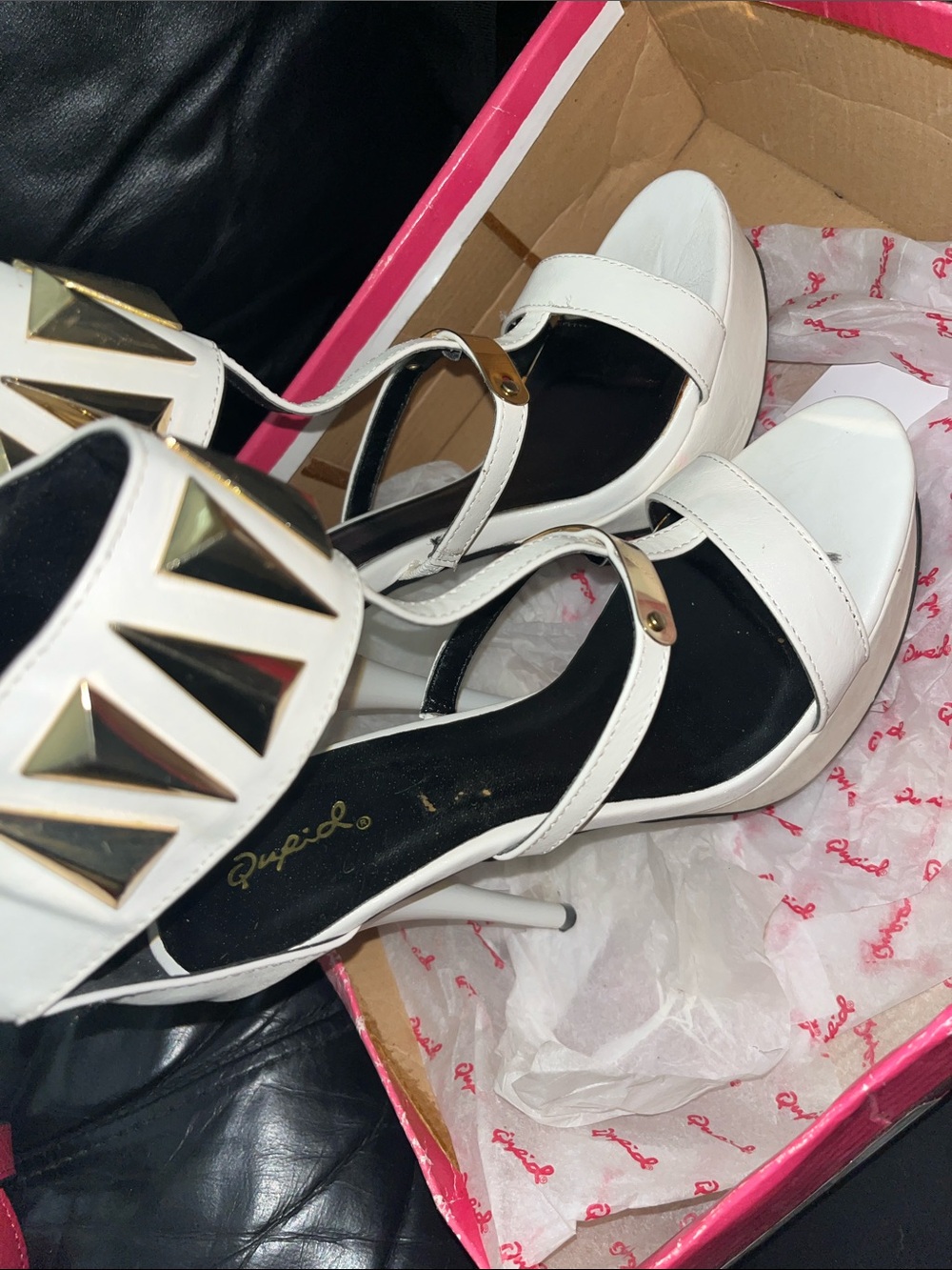 Qupid White High Heel Mary Jane Sandals with Gold Stud Accents